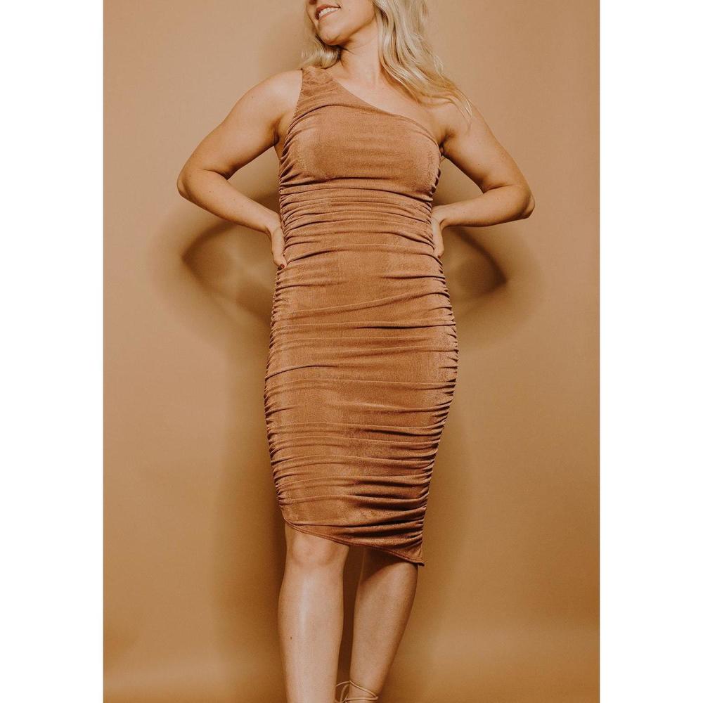 NEW ENDLESS BLU. rusty ruched dress in brown